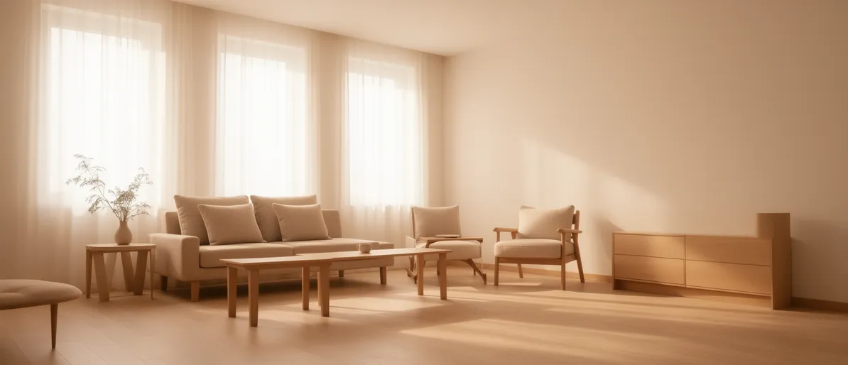 Ein aufgeräumtes Wohnzimmer mit neutralen Farben und Holzakzenten, durchflutet von sanftem Morgenlicht.