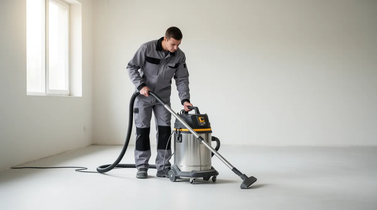 Ein Arbeiter in grauer Arbeitskleidung bedient einen leistungsstarken Industrie-Staubsauger in einem leeren,