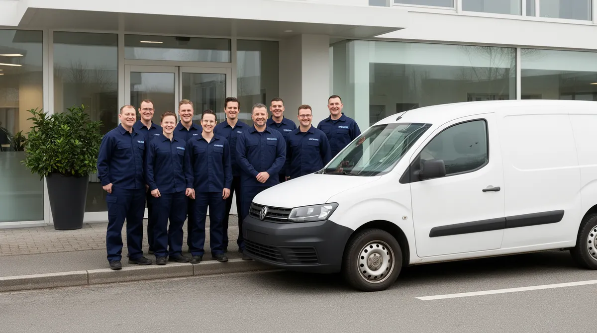 Ein Team in dunkelblauer Arbeitskleidung steht lächelnd vor einem modernen Bürogebäude neben einem weißen Transporter.