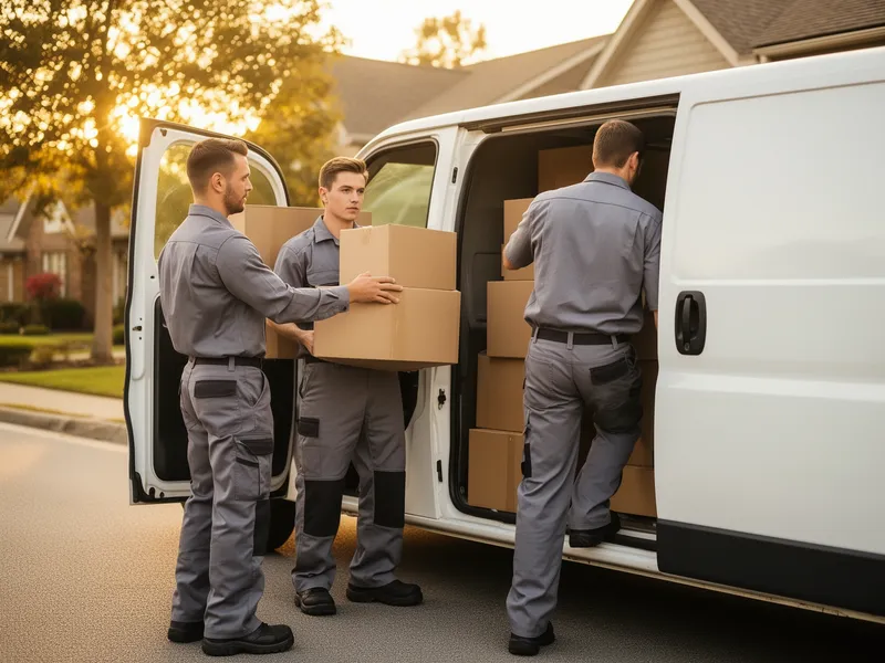 Ein Team in grauer Arbeitskleidung lädt Umzugskartons in einen weißen Transporter vor einer ruhigen Wohnstraße.