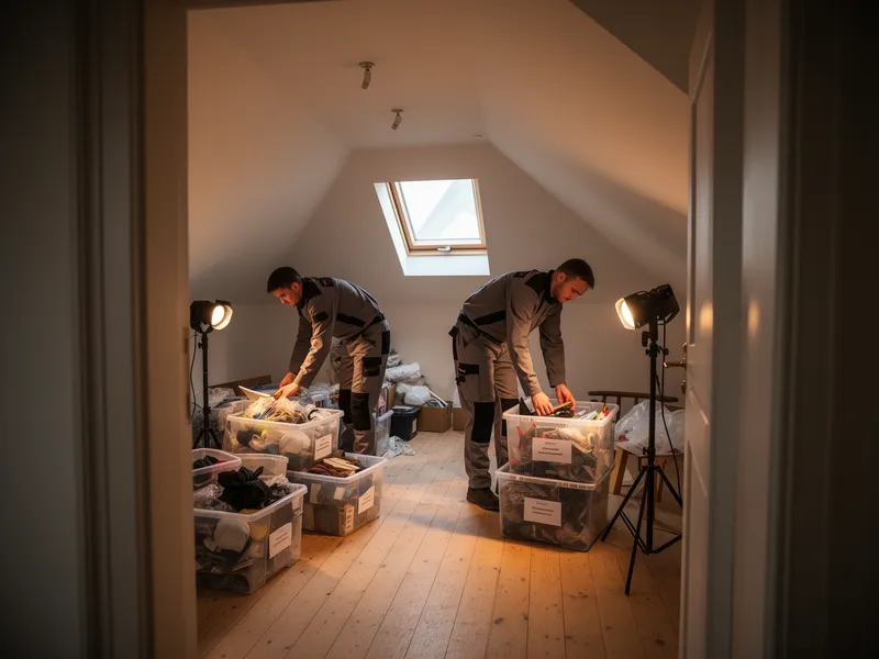 Zwei Arbeiter in grauer Kleidung sortieren Gegenstände in einem Dachboden in beschriftete Boxen.