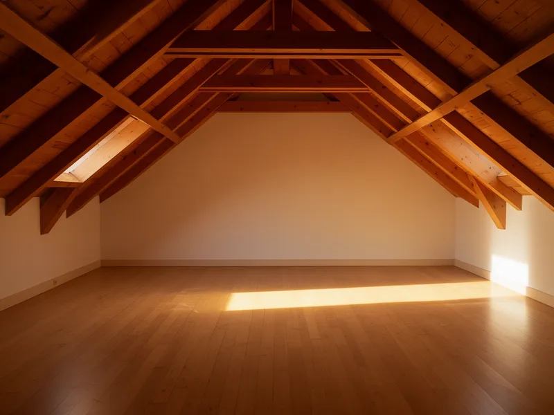 Ein leerer Dachboden mit Holzbalken, von warmem Nachmittagslicht durchflutet.