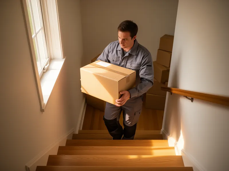 Ein Arbeiter in grauer Kleidung trägt einen Karton eine Treppe hinab, umgeben von weiteren gepackten Kartons.
