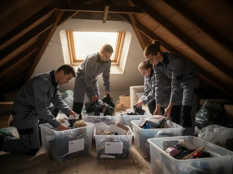 Ein Team in grauer Arbeitskleidung sortiert in einem Dachboden Gegenstände in beschriftete Kisten.