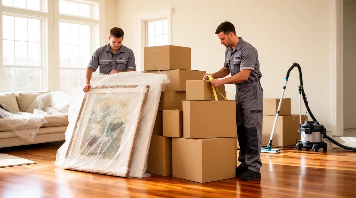 Zwei Arbeiter in grauen Uniformen sortieren Kartons und verpacken ein Bild in einem leeren Wohnzimmer.