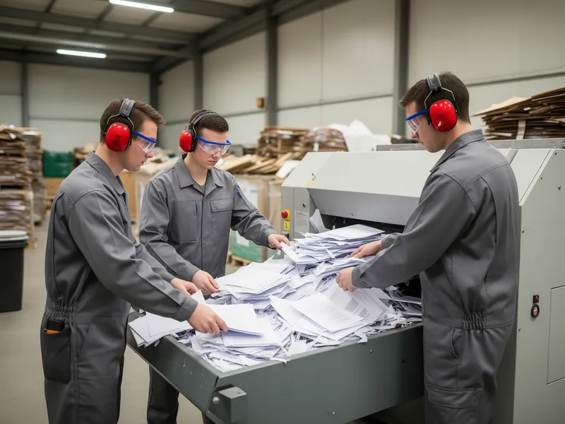 Zwei Arbeiter in grauen Uniformen bedienen einen großen Industrie-Schredder in einem sauberen Lager.