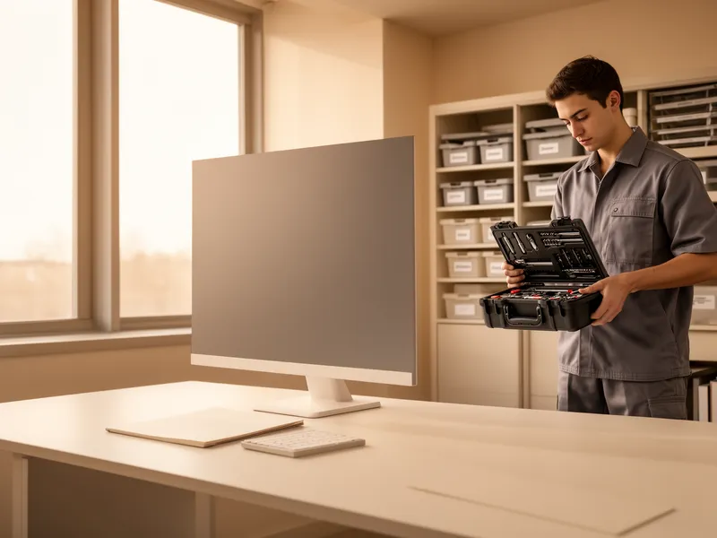 Ein minimalistisches Büro mit leerem Schreibtisch, Computerbildschirm und geordneten Ablagefächern im warmen Morgenlicht.