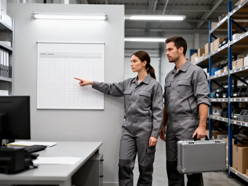 Zwei Arbeiter in grauen Uniformen stehen in einem sauberen Lagerbüro und zeigen auf eine Inventartafel.