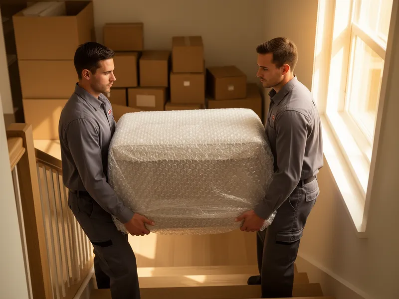 Zwei Umzugshelfer tragen ein großes, luftpolsterfolienverpacktes Möbelstück eine Treppe hinunter.