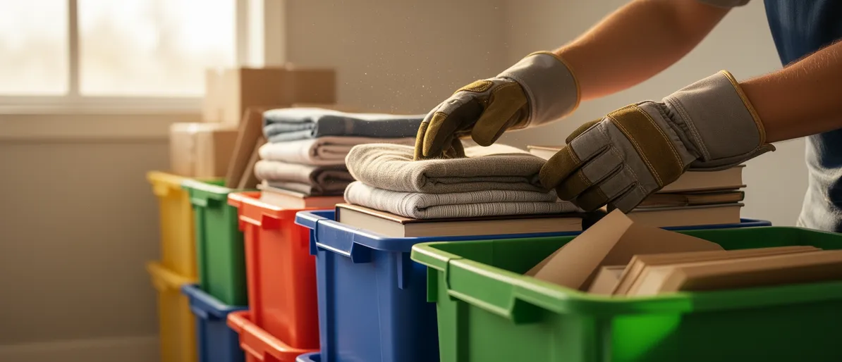 Professionelle Hände in Arbeitshandschuhen sortieren ordentlich gefaltete Wäsche und Bücher in farbige Aufbewahrungsboxen.