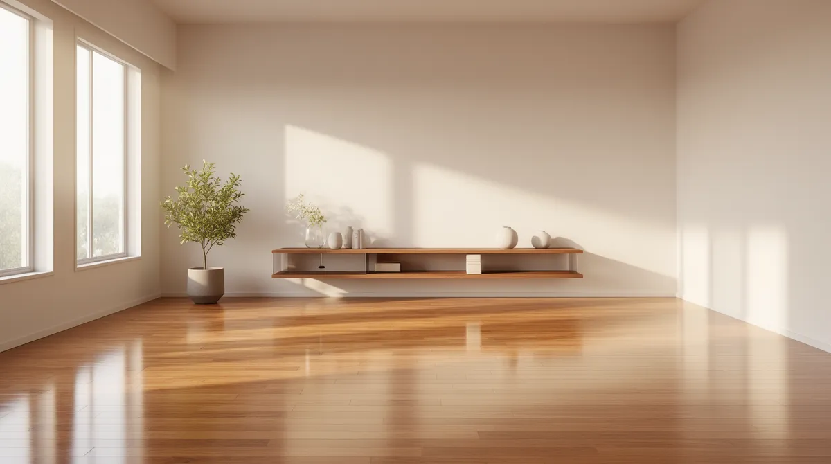 Ein minimalistisches Wohnzimmer mit Holzboden, großen Fenstern und einer Topfpflanze in ruhigem Morgenlicht.