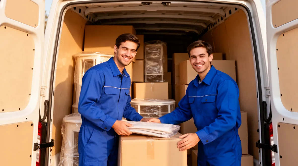 Ein Team in blauer Arbeitskleidung lächelt, während es Kisten in einem hellen Umzugswagen ordnet.