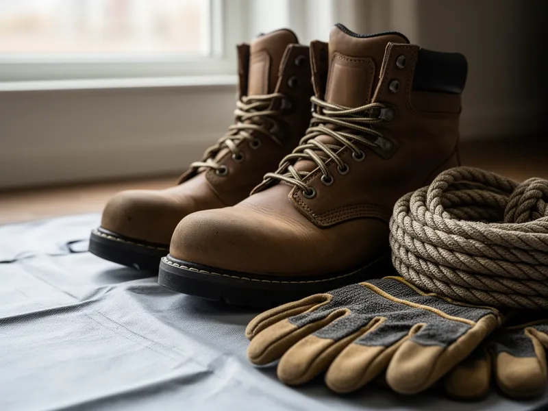 Arbeitsstiefel, Handschuhe und Seile liegen ordentlich auf einer Plane, beleuchtet durch weiches Fensterlicht.