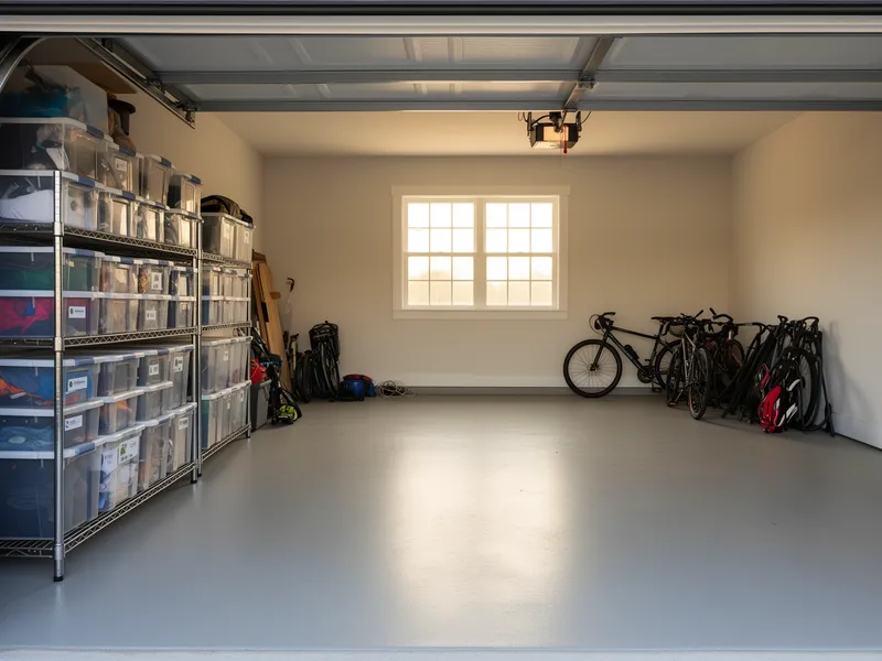 Ein aufgeräumter Garageninnenraum mit beschrifteten Boxen, Fahrrad und Sportgeräten in geordneter Atmosphäre.