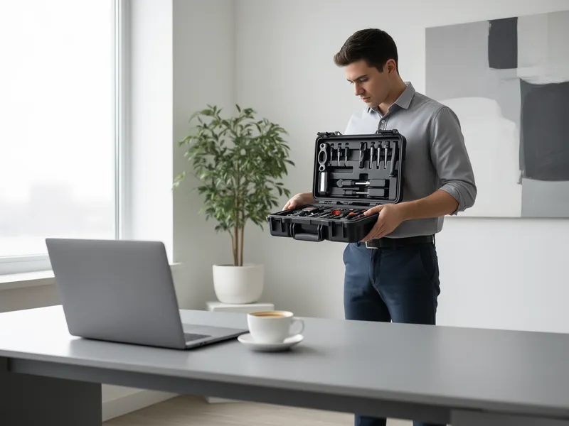 Ein moderner Schreibtisch mit Laptop und Kaffeetasse in einem minimalistischen Büro.