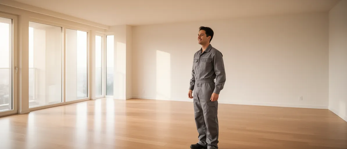 Ein Arbeiter in grauer Uniform steht in einem leeren, modernen Wohnzimmer mit polierten Holzböden.