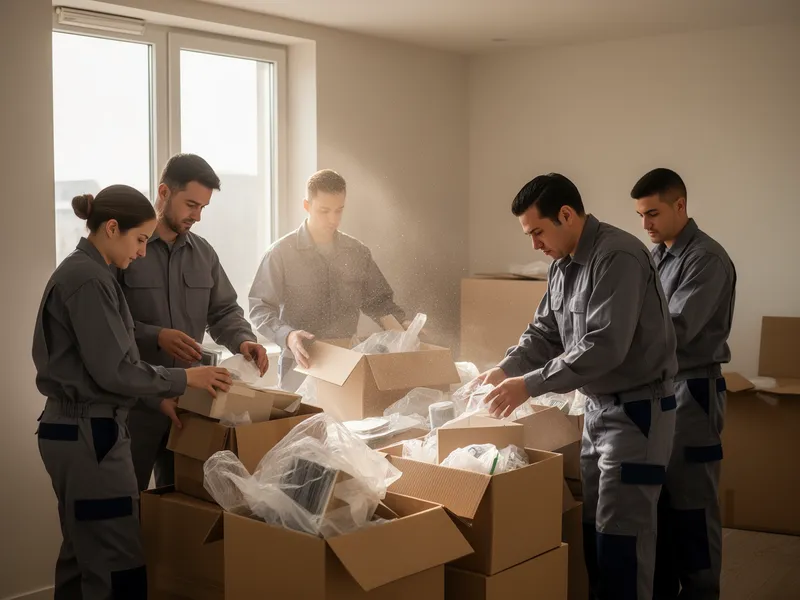 Arbeiter in grauen Uniformen sortieren und packen Gegenstände in einer leeren Wohnung.