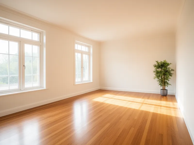 Ein leerer, lichtdurchfluteter Wohnraum mit Holzboden und einer Zimmerpflanze in der Ecke.