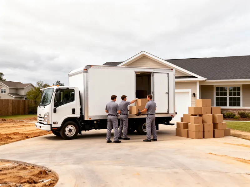 Ein Team in grauen Uniformen lädt die letzten Gegenstände in einen weißen Kastenwagen vor einem leeren Haus.
