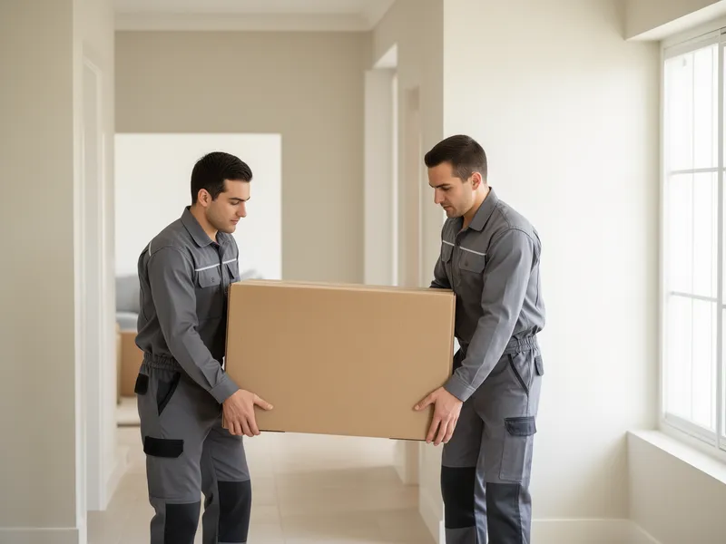 Zwei Arbeiter in grauen Uniformen transportieren einen großen Karton durch einen hellen Flur.