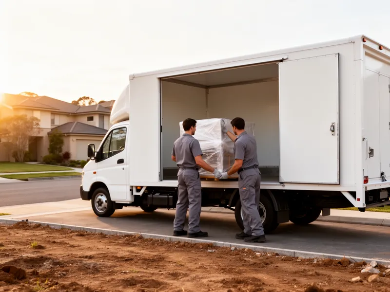 Zwei Arbeiter in grauen Uniformen laden ein Möbelstück in einen weißen Lieferwagen vor einem Wohnhaus.