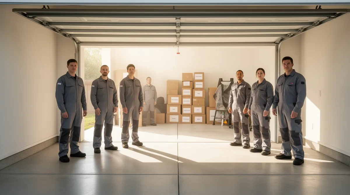 Ein professionelles Entrümpelungsteam steht in einer aufgeräumten Garage mit beschrifteten Kartons.