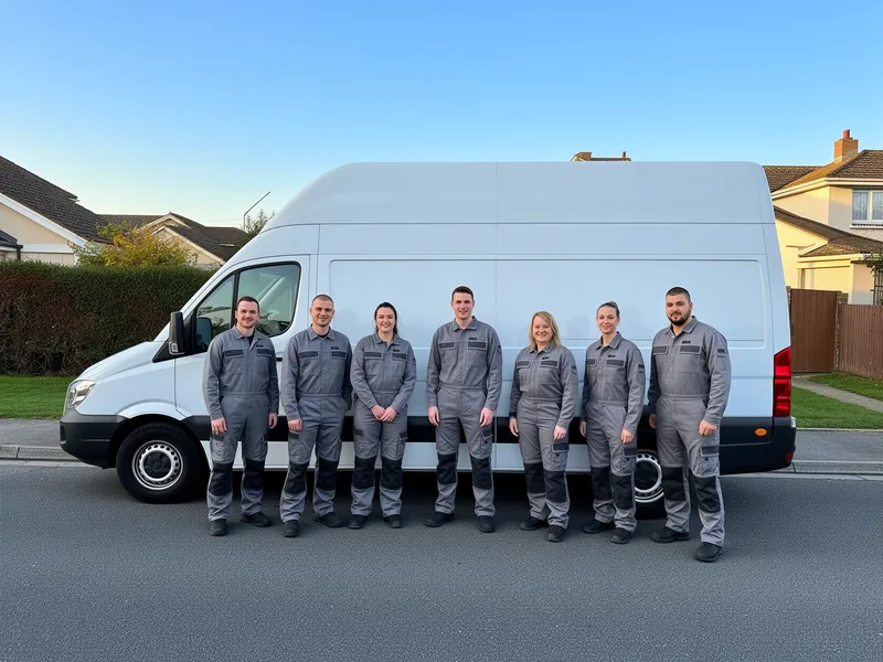 Ein professionelles Entrümpelungsteam in grauer Arbeitskleidung steht neben einem weißen Transporter in einer ruhigen