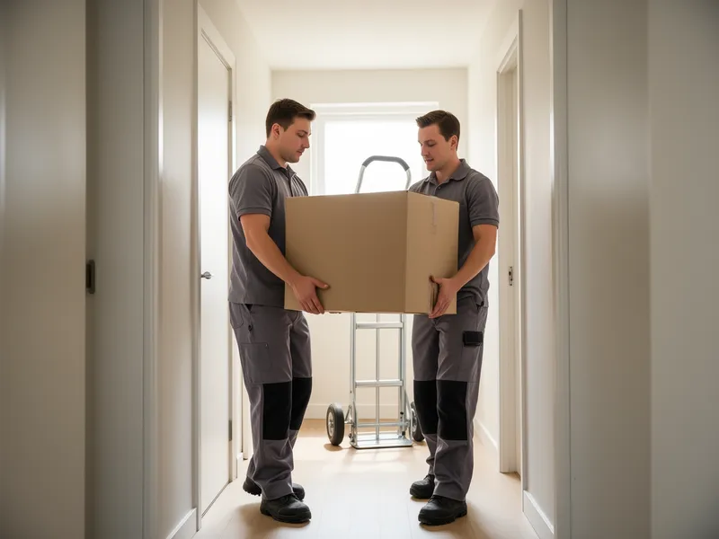 Zwei Umzugshelfer in grauen Uniformen tragen eine große Kiste durch einen hellen Wohnungsflur.