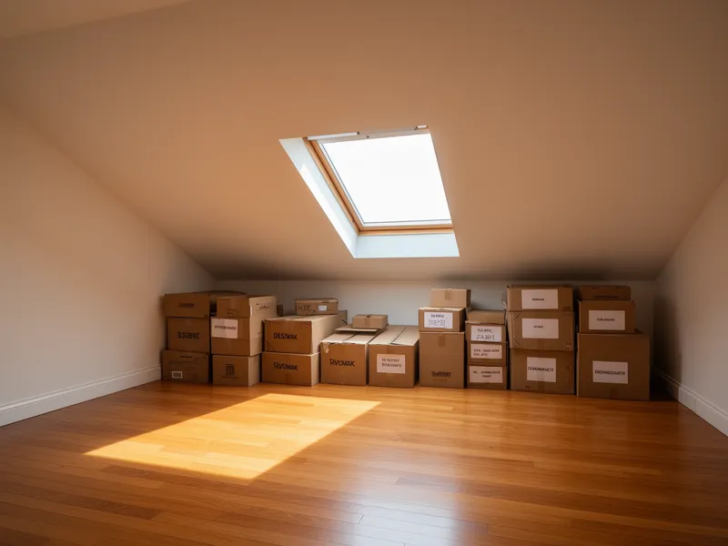 Ein aufgeräumter Dachboden mit sortierten, beschrifteten Kartons und Sonnenlicht durchs Dachfenster auf blanken Holzböden.