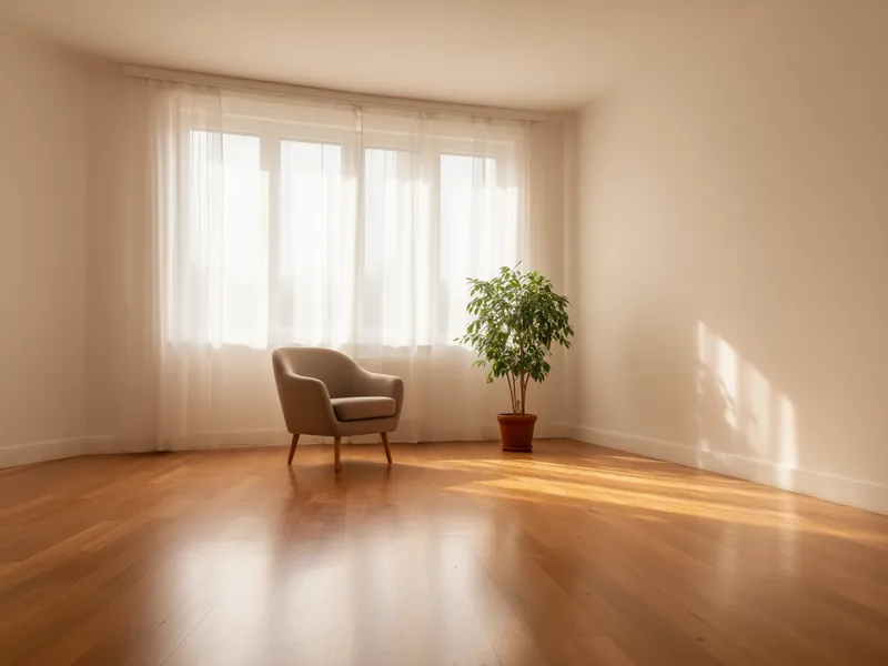 Ein aufgeräumtes Wohnzimmer mit Holzboden, Sessel, Topfpflanze und sonnendurchfluteten Fenstern.