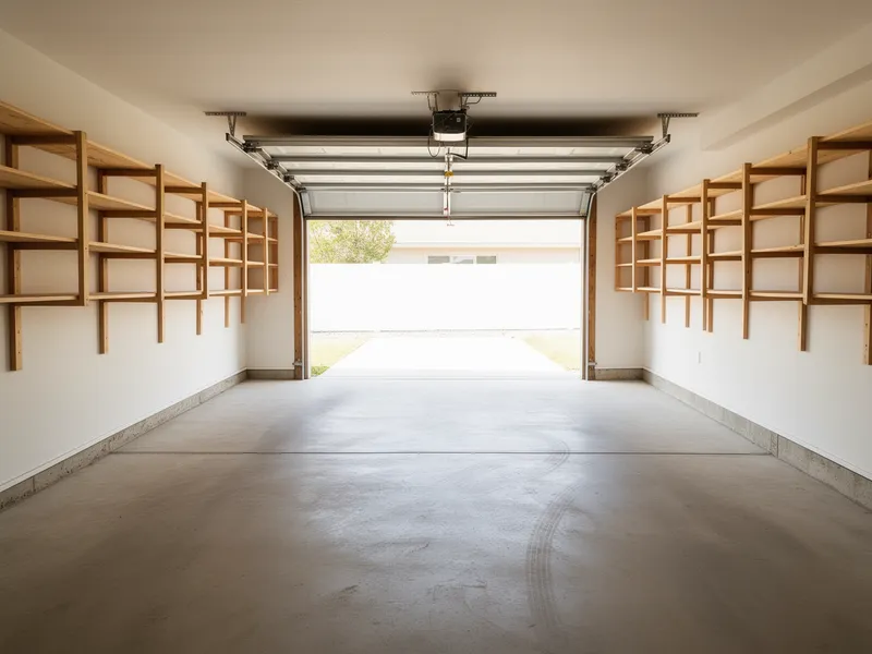 Ein leerer, aufgeräumter Garagenraum mit sauberem Betonboden und leeren Regalen an den Wänden.