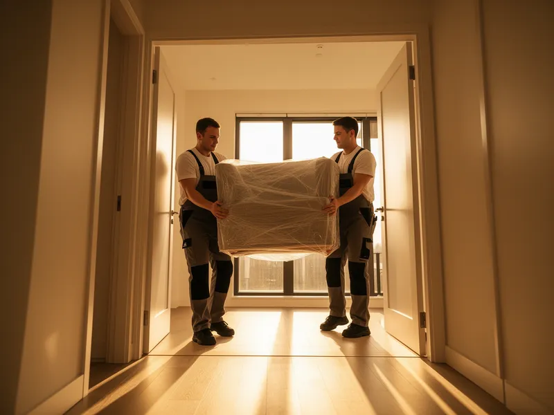 Zwei Umzugshelfer in Arbeitskleidung tragen ein großes Möbelstück aus einer modernen Wohnung.