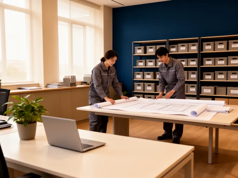 Ein modernes Büro mit einem sauberen Schreibtisch, zwei Mitarbeitern an einem Tisch mit Bauplan und großen Fenstern.