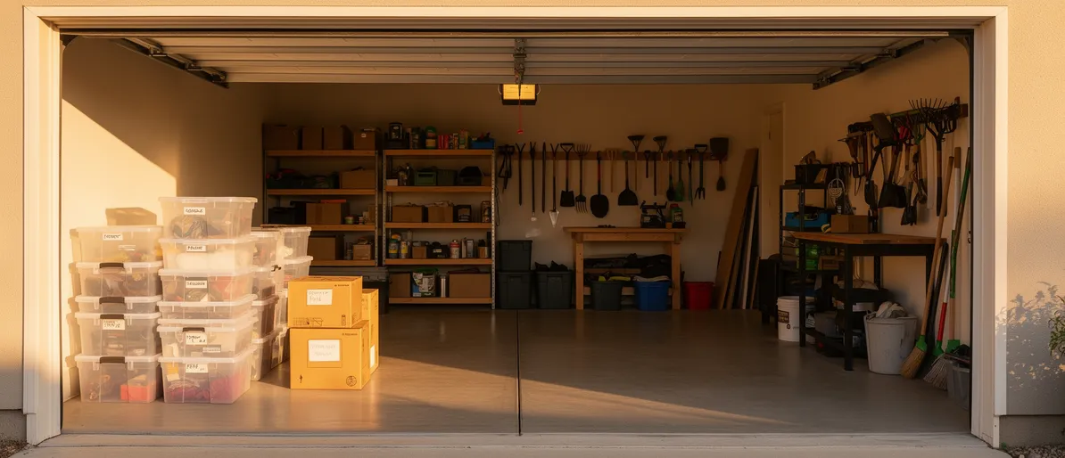 Ein aufgeräumter Garagenraum mit sortierten Plastikboxen, Regalen und Werkzeug in warmem Morgenlicht.