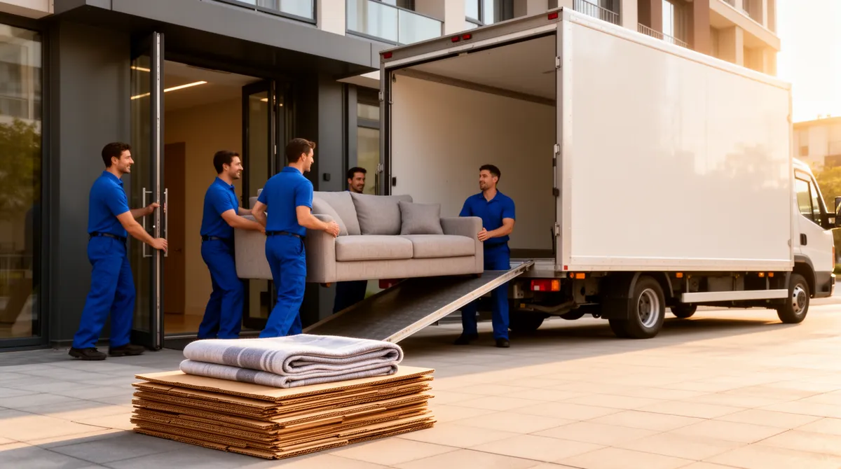 Ein professionelles Team in blauen Uniformen trägt ein großes Sofa aus einem modernen Wohngebäude.