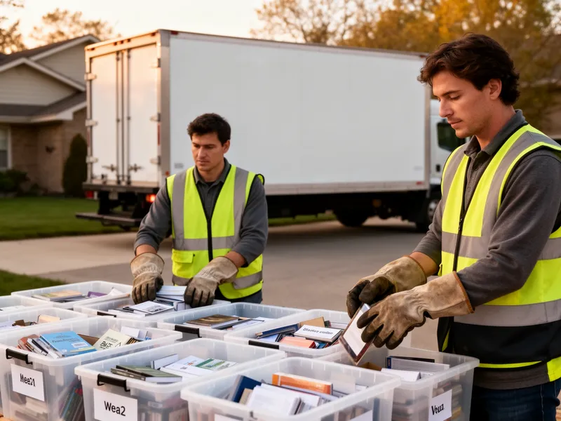 Zwei Arbeiter sortieren Gegenstände in beschriftete Behälter vor einem unmarkierten Lieferwagen in einer Einfahrt.