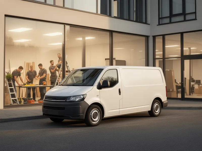 Ein gepflegter Transporter parkt vor einem modernen Büro, durch die Fenster ist ein Team bei der Arbeit zu sehen.