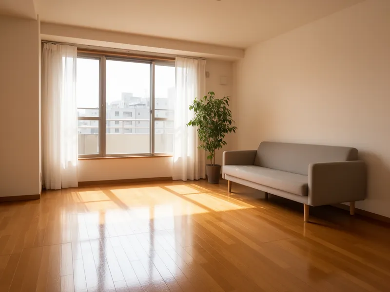 Ein aufgeräumtes Wohnzimmer mit minimalistischer Einrichtung, Sonnenlicht fällt auf blanke Holzböden.