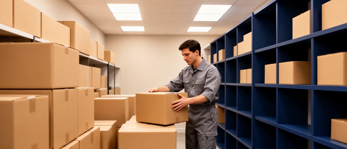 Ein Arbeiter in grauer Uniform ordnet neutrale Umzugskartons in einem modernen Bürolagerraum.