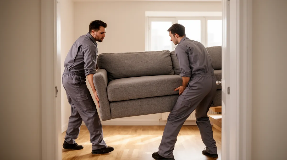 Zwei Arbeiter in grauen Overalls tragen vorsichtig ein großes Sofa durch eine Wohnungstür.