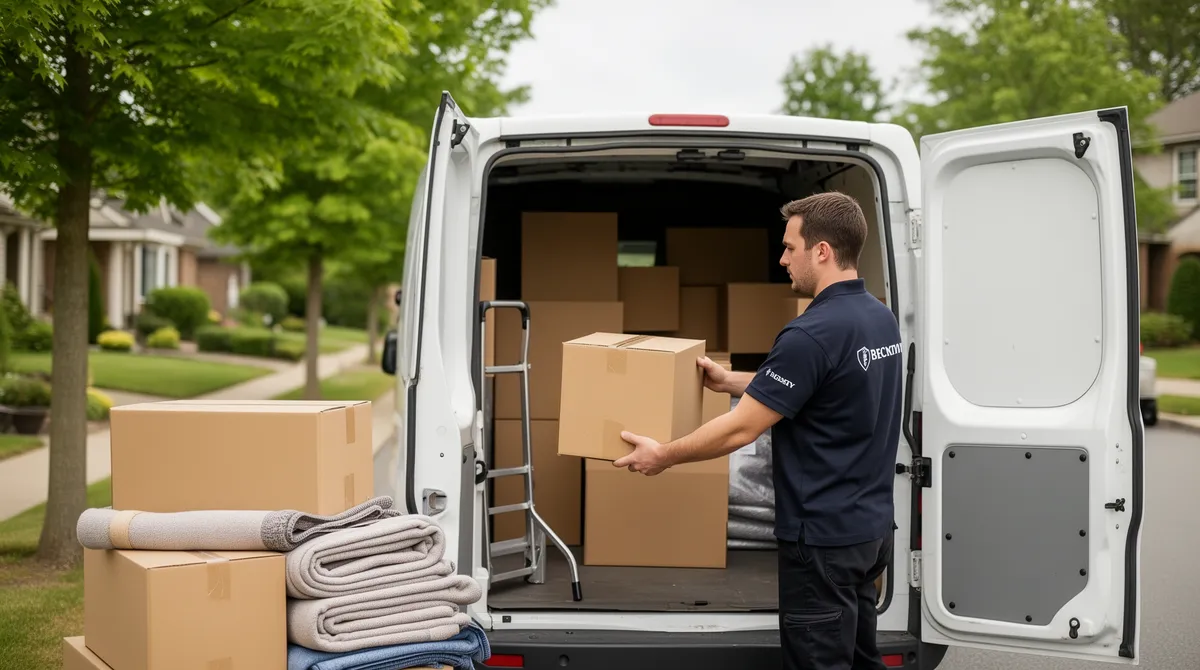 Ein Arbeiter in einfacher Uniform lädt Kartons in einen weißen Transporter vor einer Wohnstraße.