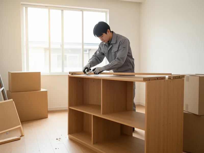 Ein Arbeiter in grauer Uniform demontiert sorgfältig ein großes Holzregal in einem leeren, hellen Raum.