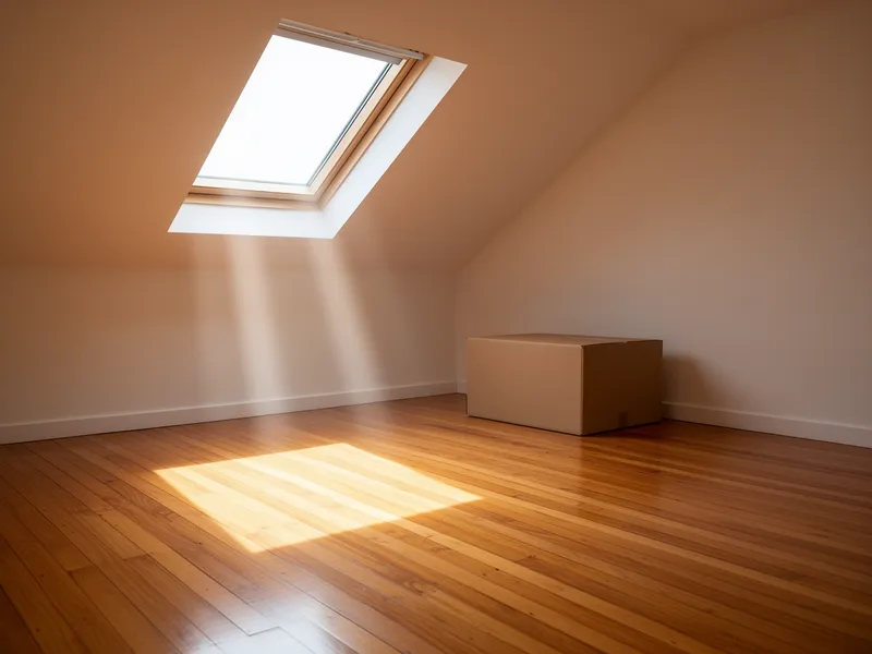 Ein leerer Dachboden mit Sonnenstrahlen auf blanken Holzböden und einem Karton in der Ecke.