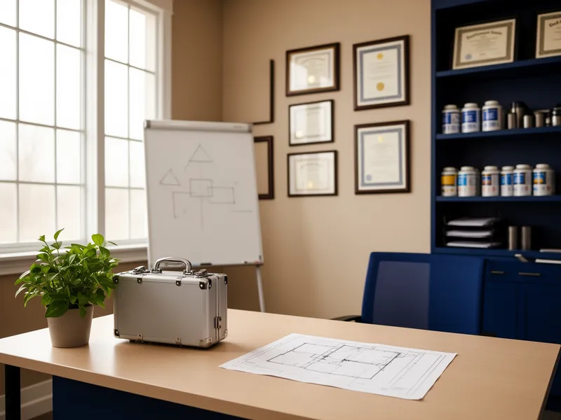 Ein aufgeräumtes Büro mit Schreibtisch, Werkzeugkoffer, Pflanze, Whiteboard und Regal mit Zertifikaten.