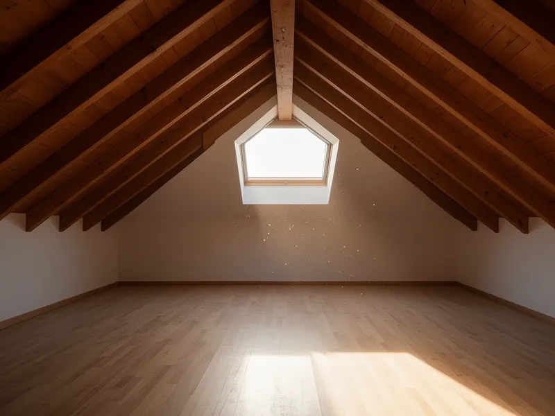Ein leerer Dachboden mit Holzbalken, Morgenlicht fällt durch ein sauberes Dachfenster und beleuchtet Staubpartikel.