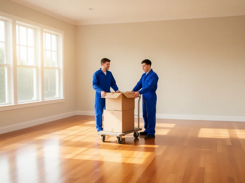 Zwei Arbeiter in blauen Uniformen stellen leere Kartons in einem sonnendurchfluteten, leeren Wohnzimmer ab.