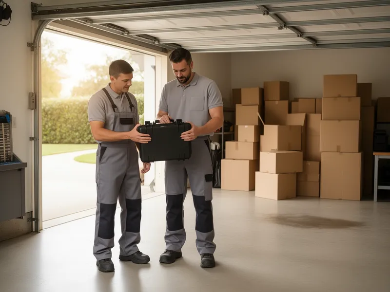 Zwei Umzugshelfer in sauberen Uniformen besprechen mit einem Kunden einen Werkzeugkoffer in einer aufgeräumten Garage.