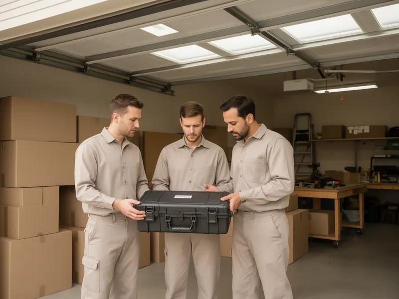 Umzugshelfer in sauberen Uniformen prüfen einen Werkzeugkoffer in einer aufgeräumten Garage.