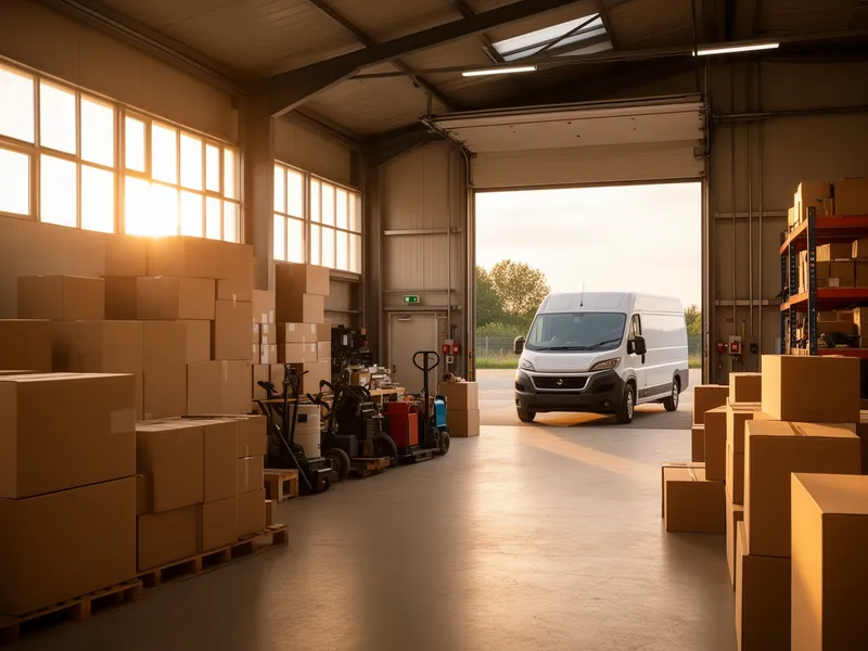 Ein ordentliches Lagerhaus mit gestapelten Umzugskartons und einem sauberen Transporter im Hintergrund bei goldenem