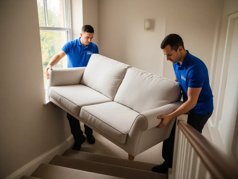 Zwei Umzugshelfer in Uniform tragen ein Sofa eine helle Wohnungstreppe hinunter.